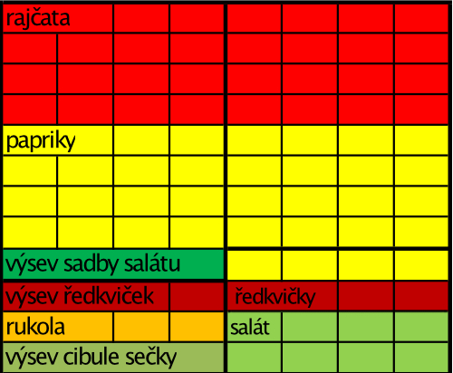 Schematický plánek skleníku v září, rozměry 3x2 m, vzdálenost řádků (linek) 25 cm
