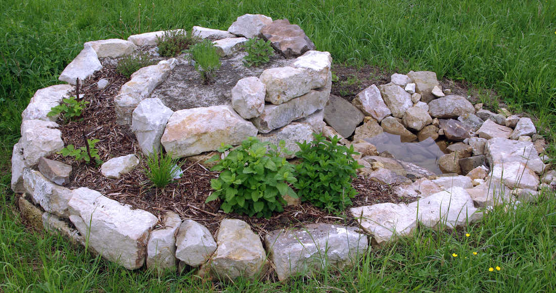 Čerstvě osázená bylinková spirála Bylinková spirála prvně ve vegetaci