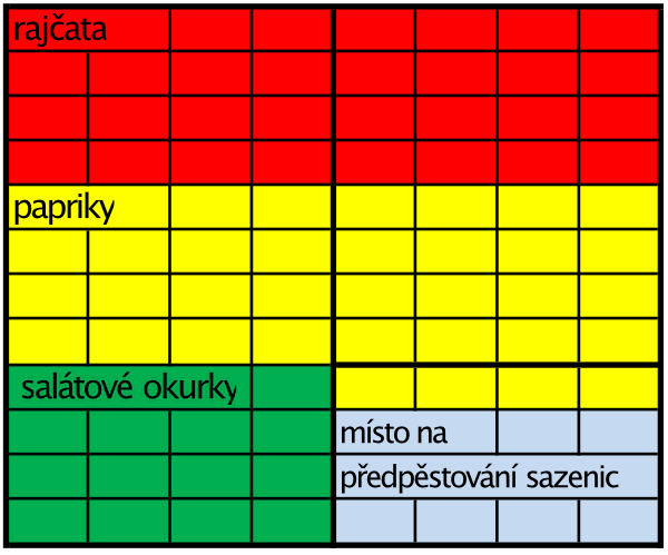 Schematický plánek ukazuje možnost rozmístění plodin ve skleníku 3x2 metry Skleník v červenci, schéma