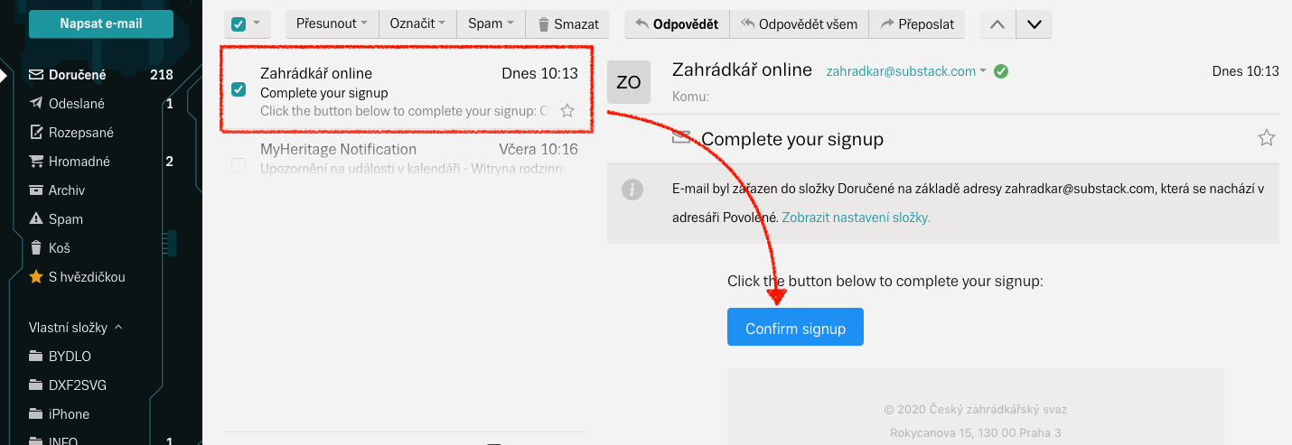Potvrzení odběru Dopisů v e-mailové schránce na Seznamu