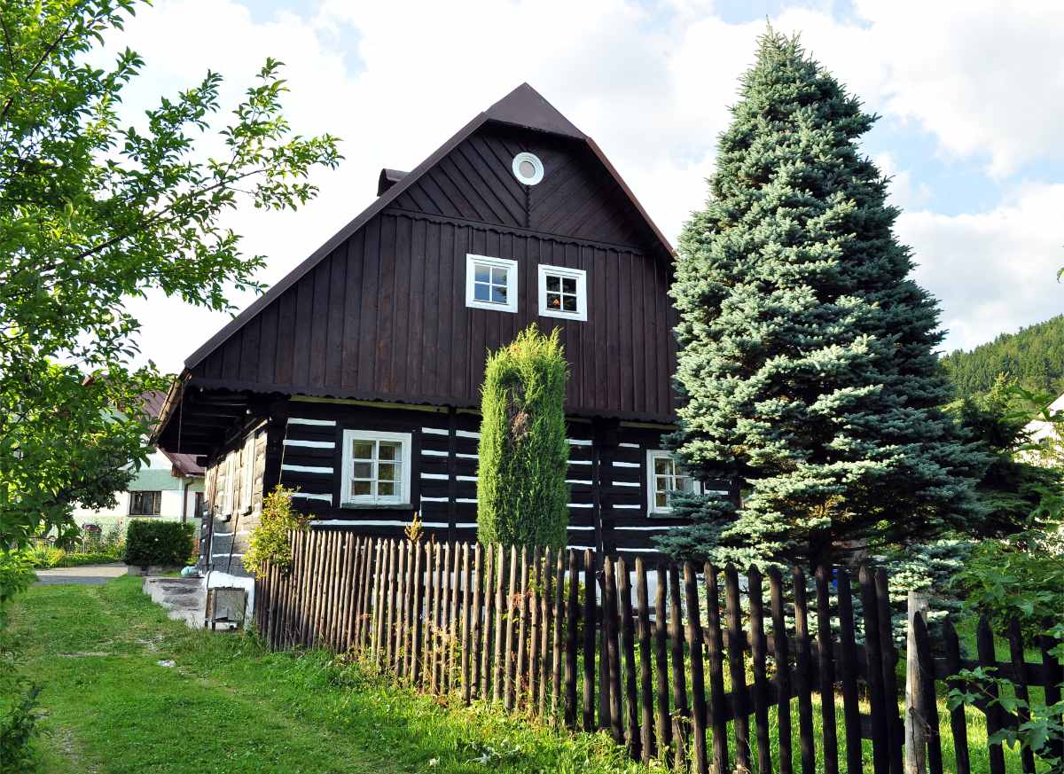 Zahradě u roubenky dominuje smrk Zahrada u roubenky