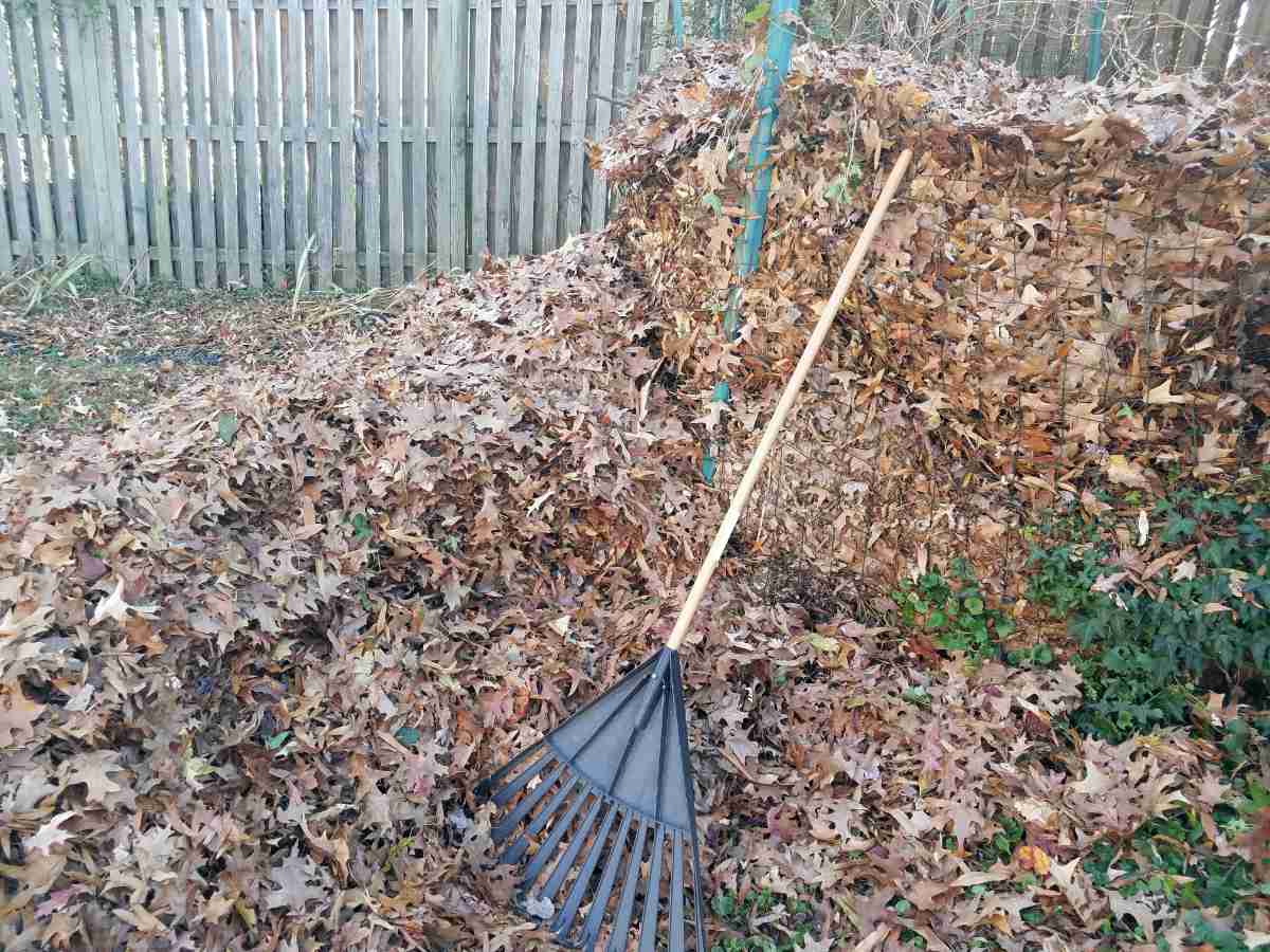 shrabané listí v kompostéru z pletiva